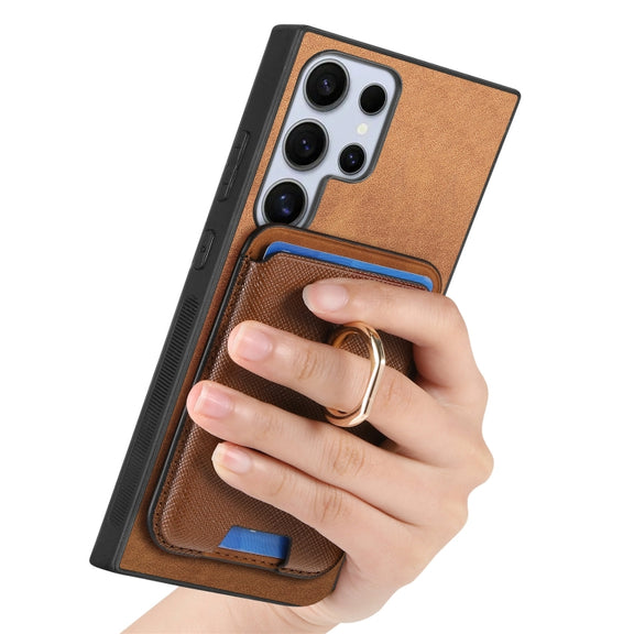For Samsung Galaxy S25 Ultra 5G Retro Cross Leather Ring Vertical Insert Card Bag MagSafe Phone Case(Brown)