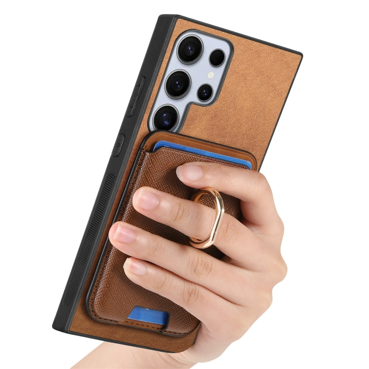 For Samsung Galaxy S25 Ultra 5G Retro Cross Leather Ring Vertical Insert Card Bag MagSafe Phone Case(Brown)