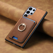 For Samsung Galaxy S25 Ultra 5G Retro Cross Leather Ring Vertical Insert Card Bag MagSafe Phone Case(Brown)