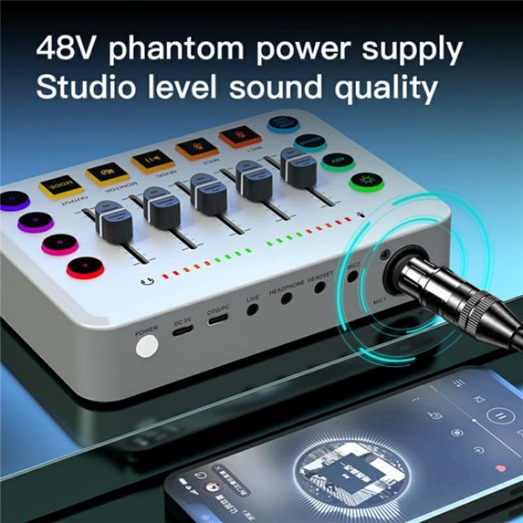 F9 48V Live Streaming Sound Card Audio Mixer Power Voice Changer with RGB Light(Black)