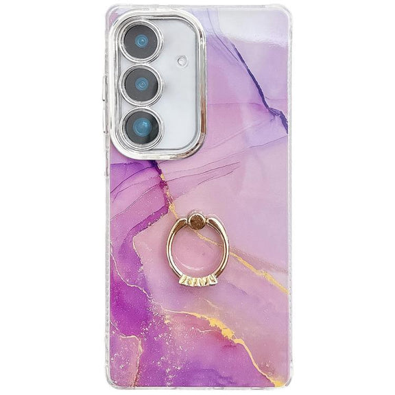 For Samsung Galaxy S25+ 5G Electroplated Marble Texture Ring Holder Phone Case(Gold Purple Red S15)
