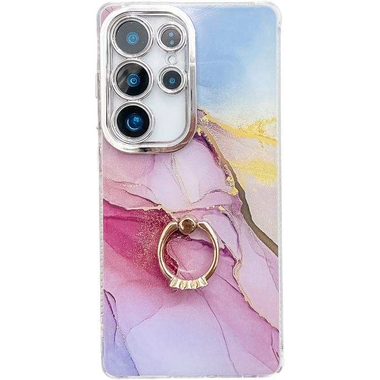 For Samsung Galaxy S25 Ultra 5G Electroplated Marble Texture Ring Holder Phone Case(Gold Pink Red  S12) - free shipping - PMC Jewellery - Order now!