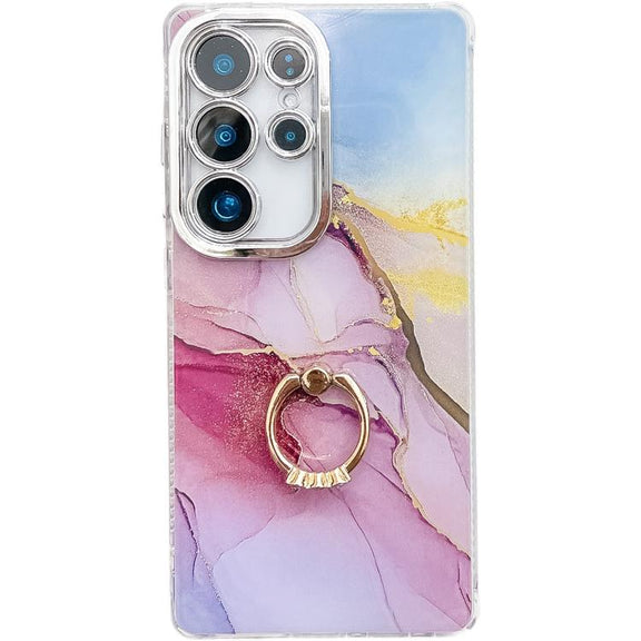 For Samsung Galaxy S25 Ultra 5G Electroplated Marble Texture Ring Holder Phone Case(Gold Pink Red  S12)