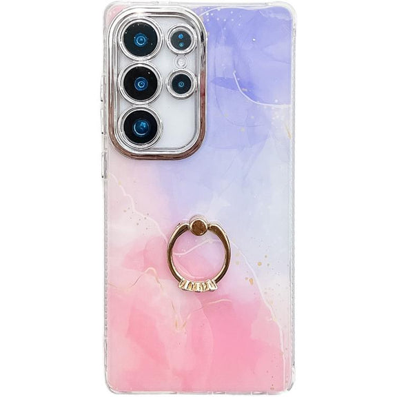 For Samsung Galaxy S25 Ultra 5G Electroplated Marble Texture Ring Holder Phone Case(Purple Pink S14)