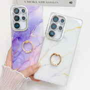 For Samsung Galaxy S25 Ultra 5G Electroplated Marble Texture Ring Holder Phone Case(Gold White S1)