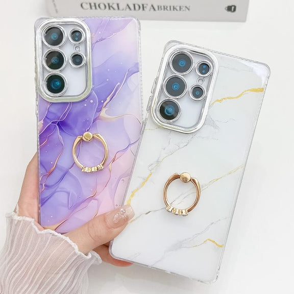For Samsung Galaxy S25 Ultra 5G Electroplated Marble Texture Ring Holder Phone Case(Gold Pink Red  S12)