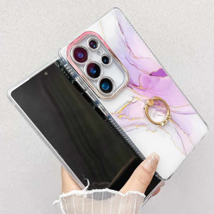 For Samsung Galaxy S25 Ultra 5G Electroplated Marble Texture Ring Holder Phone Case(Gold White S1)