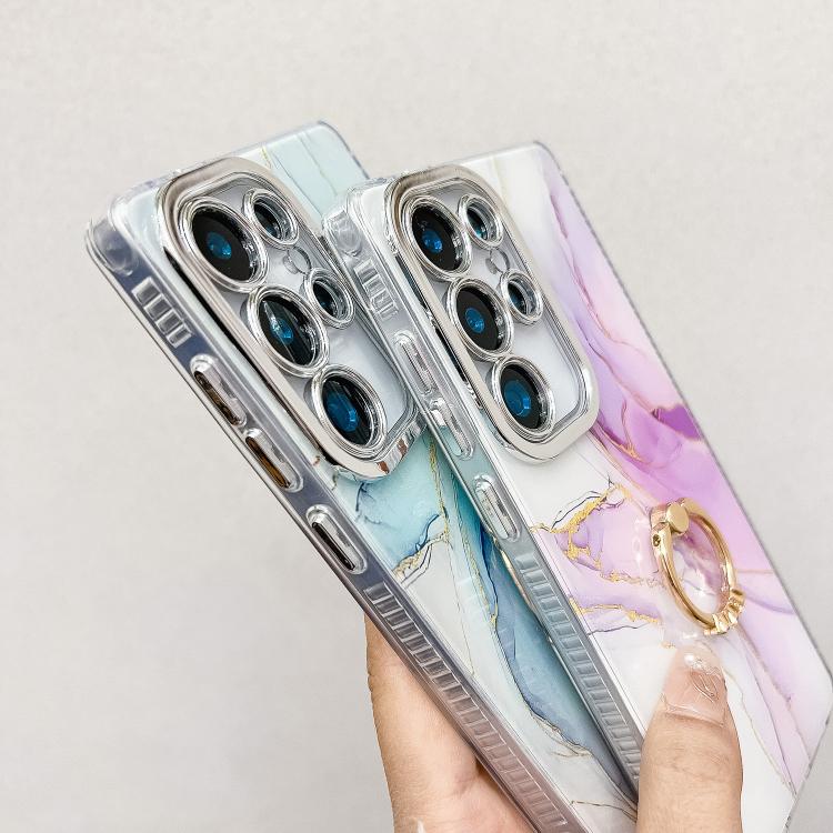 For Samsung Galaxy S25 Ultra 5G Electroplated Marble Texture Ring Holder Phone Case(Gold White S1)