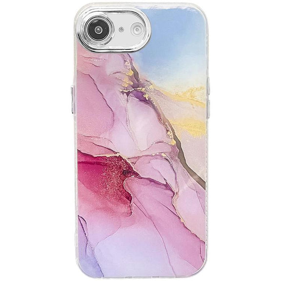 For iPhone 16e Electroplated Marble Texture Phone Case(Gold Pink Red M12)