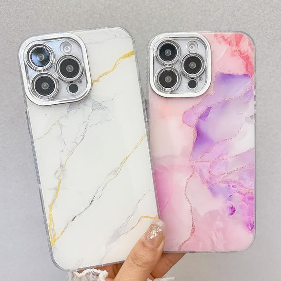 For iPhone 16e Electroplated Marble Texture Phone Case(Gold Pink Red M12)