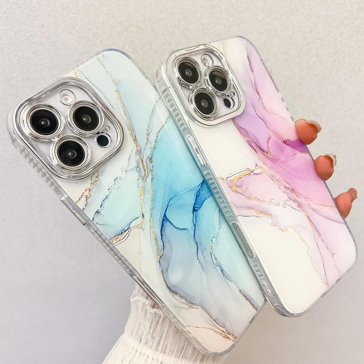 For iPhone 16e Electroplated Marble Texture Phone Case(Gold Pink Red M12)