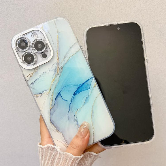 For iPhone 16e Electroplated Marble Texture Phone Case(Yellow Green M13)