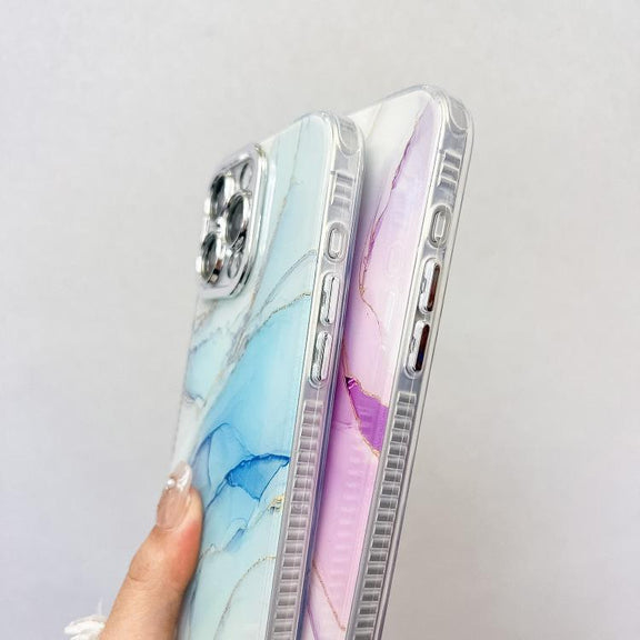 For iPhone 16e Electroplated Marble Texture Phone Case(Yellow Green M13)