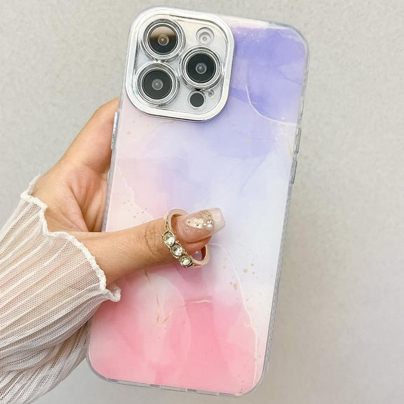 For iPhone 16e Electroplated Marble Texture Ring Holder Phone Case(Blue S11)