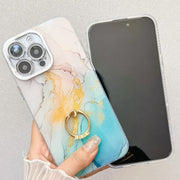 For iPhone 16e Electroplated Marble Texture Ring Holder Phone Case(Blue S11)