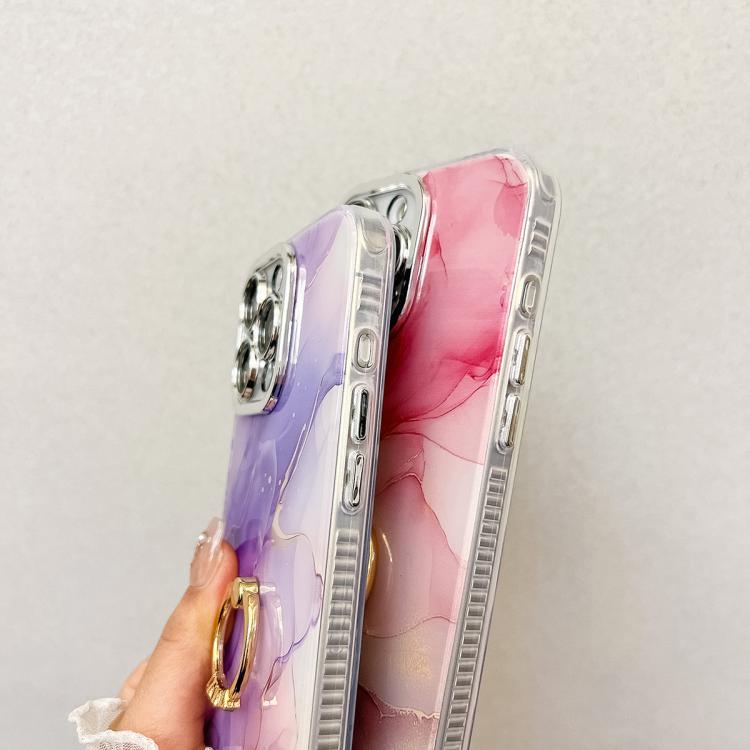 For iPhone 16e Electroplated Marble Texture Ring Holder Phone Case(Blue S11)