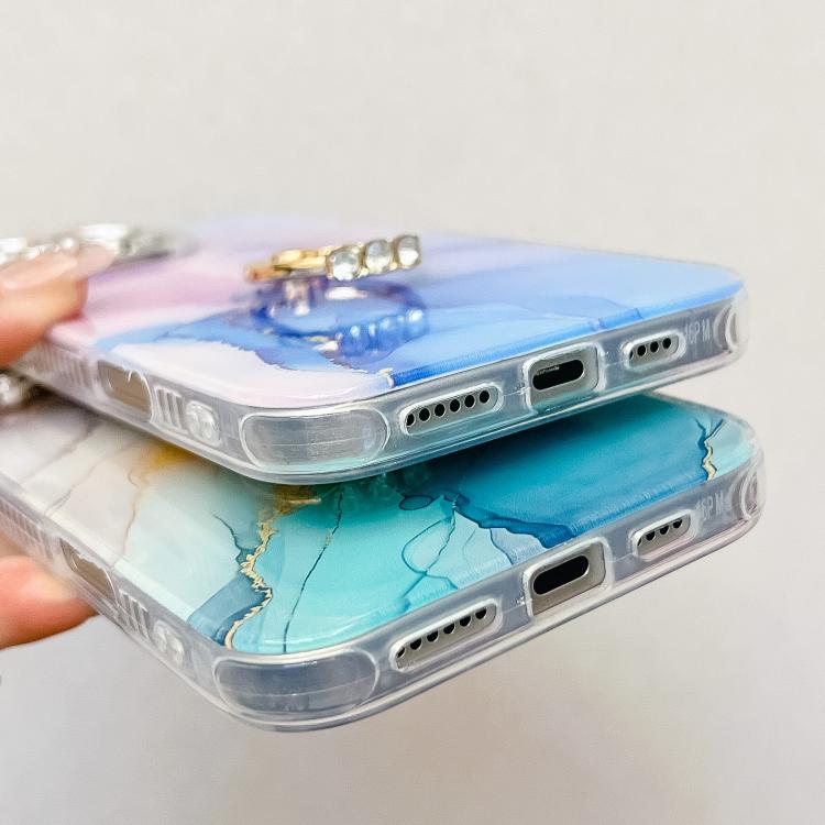 For iPhone 16e Electroplated Marble Texture Ring Holder Phone Case(Blue S11)