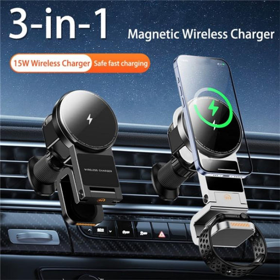 SD16 For Phone Watch Earphone Car Air Vent Phone Holder Magnetic 3 in 1 Wireless Charger(Black)