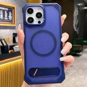 For iPhone 13 Pro Skin Feel Frameless MagSafe PC Phone Case with Fold Holder(Blue)