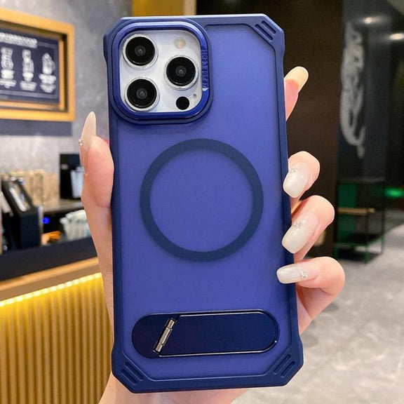 For iPhone 13 Pro Skin Feel Frameless MagSafe PC Phone Case with Fold Holder(Blue)