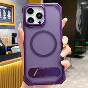 For iPhone 13 Pro Skin Feel Frameless MagSafe PC Phone Case with Fold Holder(Purple)