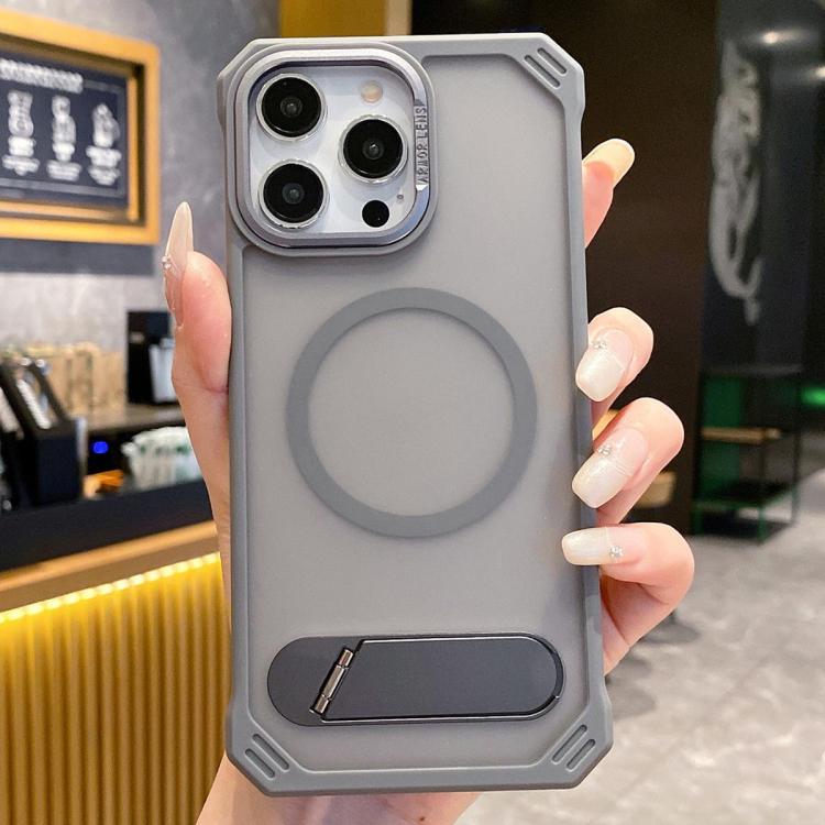 For iPhone 13 Pro Max Skin Feel Frameless MagSafe PC Phone Case with Fold Holder(Grey) - iPhone 13 Pro Max Cases by PMc TechLife | Online Shopping South Africa | PMc TechLife | Buy Now Pay Later Mobicred