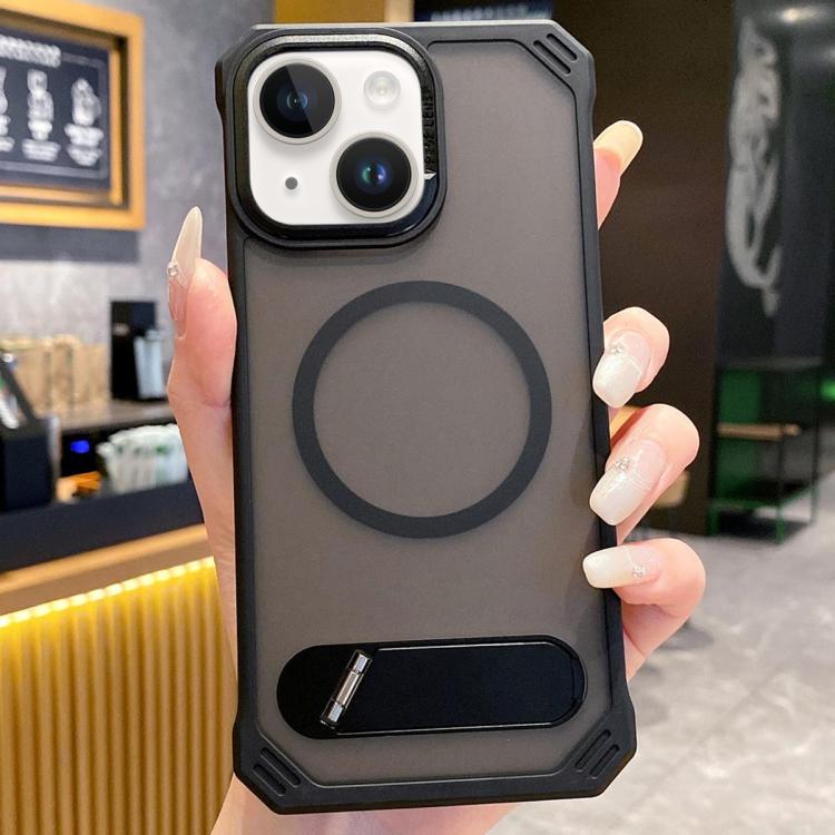 For iPhone 14 Skin Feel Frameless MagSafe PC Phone Case with Fold Holder(Black) - iPhone 14 Cases by PMc TechLife | Online Shopping South Africa | PMc TechLife | Buy Now Pay Later Mobicred