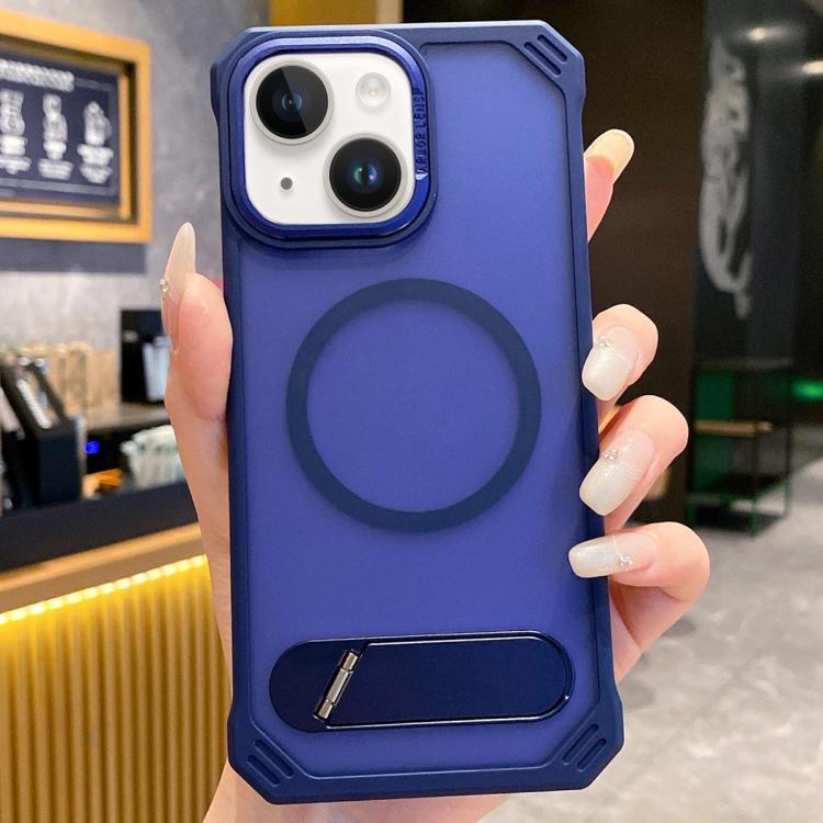 For iPhone 14 Skin Feel Frameless MagSafe PC Phone Case with Fold Holder(Blue) - iPhone 14 Cases by PMc TechLife | Online Shopping South Africa | PMc TechLife | Buy Now Pay Later Mobicred