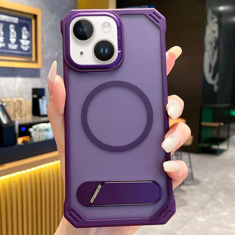 For iPhone 14 Skin Feel Frameless MagSafe PC Phone Case with Fold Holder(Purple) - iPhone 14 Cases by PMc TechLife | Online Shopping South Africa | PMc TechLife | Buy Now Pay Later Mobicred