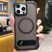 For iPhone 14 Pro Skin Feel Frameless MagSafe PC Phone Case with Fold Holder(Black)