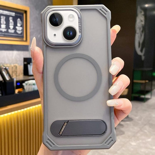 For iPhone 15 Skin Feel Frameless MagSafe PC Phone Case with Fold Holder(Grey) - iPhone 15 Cases by PMC Jewellery | Online Shopping South Africa | PMC Jewellery | Buy Now Pay Later Mobicred