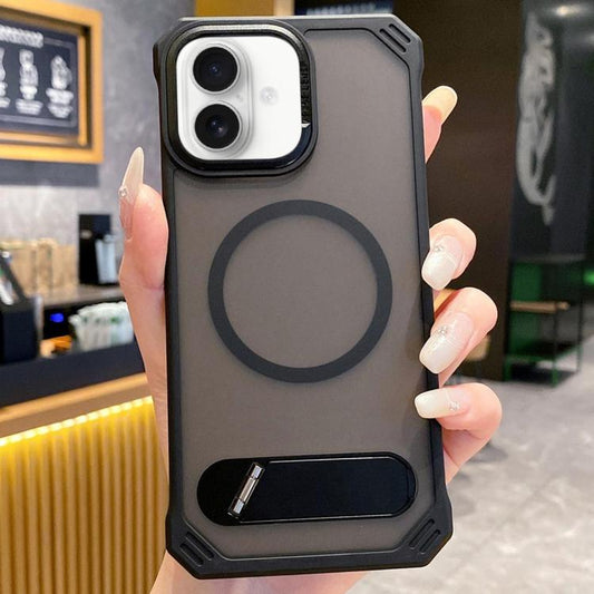 For iPhone 16 Plus Skin Feel Frameless MagSafe PC Phone Case with Fold Holder(Black) - iPhone 16 Plus Cases by PMC Jewellery | Online Shopping South Africa | PMC Jewellery | Buy Now Pay Later Mobicred