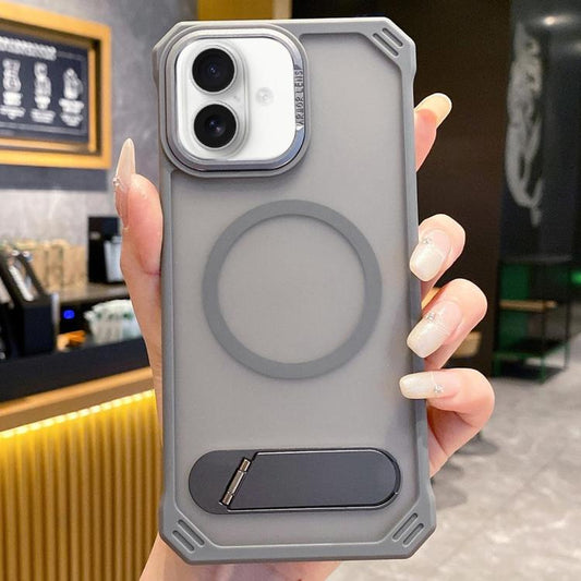 For iPhone 16 Plus Skin Feel Frameless MagSafe PC Phone Case with Fold Holder(Grey) - iPhone 16 Plus Cases by PMC Jewellery | Online Shopping South Africa | PMC Jewellery | Buy Now Pay Later Mobicred
