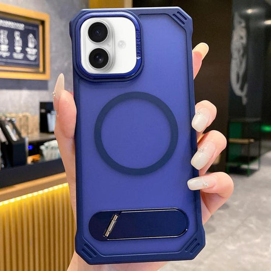 For iPhone 16 Plus Skin Feel Frameless MagSafe PC Phone Case with Fold Holder(Blue) - iPhone 16 Plus Cases by PMC Jewellery | Online Shopping South Africa | PMC Jewellery | Buy Now Pay Later Mobicred