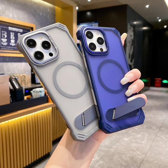 For iPhone 15 Skin Feel Frameless MagSafe PC Phone Case with Fold Holder(Purple)
