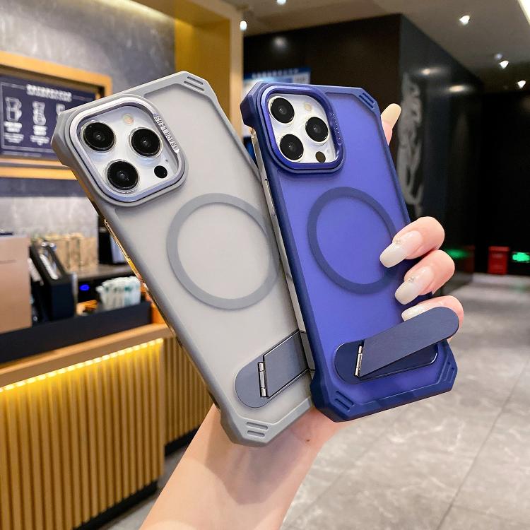 For iPhone 15 Skin Feel Frameless MagSafe PC Phone Case with Fold Holder(Purple)
