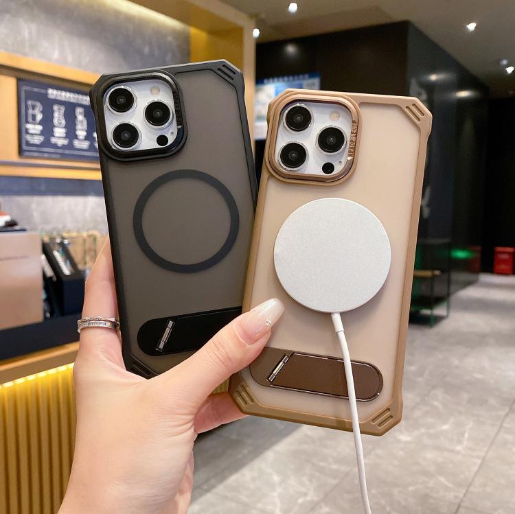 For iPhone 14 Pro Max Skin Feel Frameless MagSafe PC Phone Case with Fold Holder(Black)