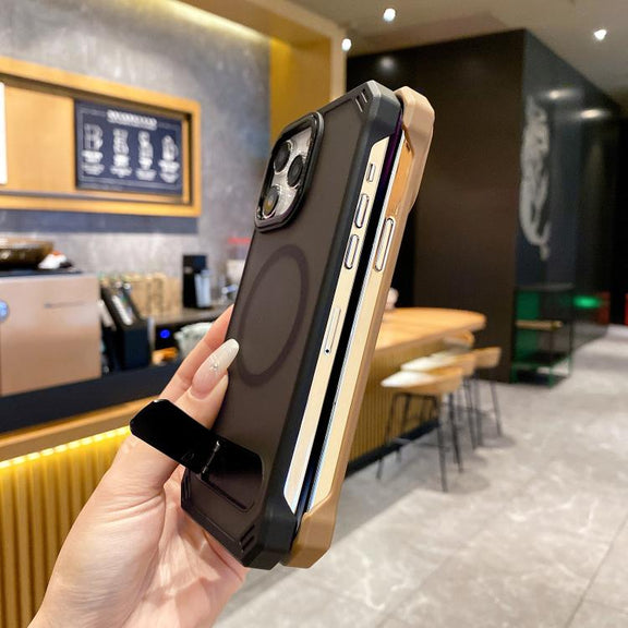 For iPhone 15 Pro Skin Feel Frameless MagSafe PC Phone Case with Fold Holder(Grey)