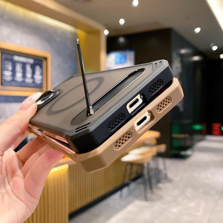 For iPhone 15 Pro Skin Feel Frameless MagSafe PC Phone Case with Fold Holder(Blue)