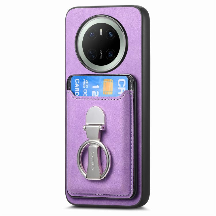 For Huawei Mate 70 Retro Folding Ring Holder Card Bag MagSafe Phone Case(Purple)