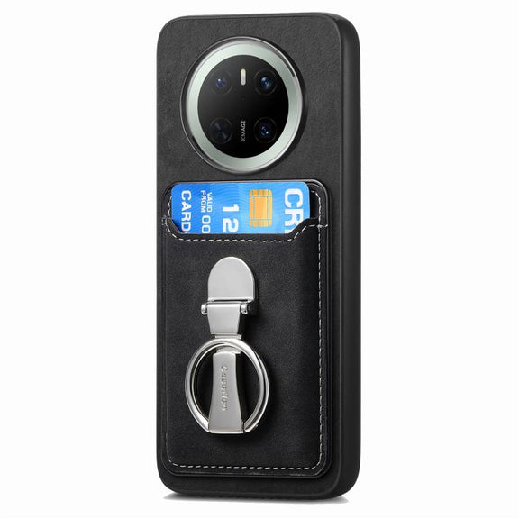 For Huawei Mate 70 Retro Folding Ring Holder Card Bag MagSafe Phone Case(Black)