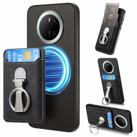 For Huawei Mate 70 Retro Folding Ring Holder Card Bag MagSafe Phone Case(Black)