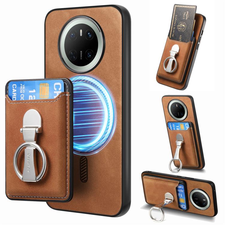 For Huawei Mate 70 Retro Folding Ring Holder Card Bag MagSafe Phone Case(Brown) - Huawei Cases by PMC TechLife | Online Shopping South Africa | PMC TechLife | Buy Now Pay Later Mobicred
