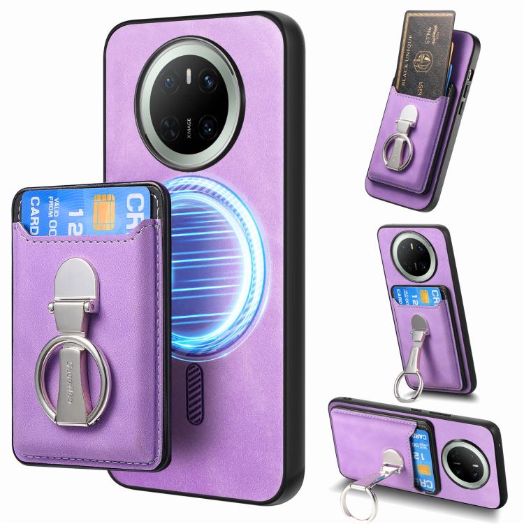 For Huawei Mate 70 Pro Retro Folding Ring Holder Card Bag MagSafe Phone Case(Purple) - Huawei Cases by PMC TechLife | Online Shopping South Africa | PMC TechLife | Buy Now Pay Later Mobicred