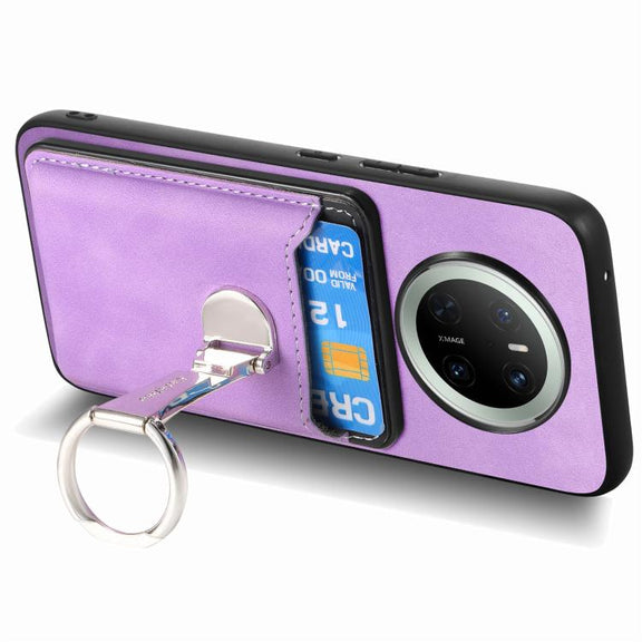 For Huawei Mate 70 Pro Retro Folding Ring Holder Card Bag MagSafe Phone Case(Purple)