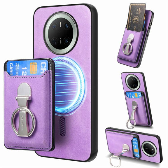 For Huawei Mate 70 Pro Retro Folding Ring Holder Card Bag MagSafe Phone Case(Purple)