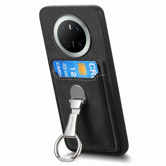 For Huawei Mate 70 Pro Retro Folding Ring Holder Card Bag MagSafe Phone Case(Black)