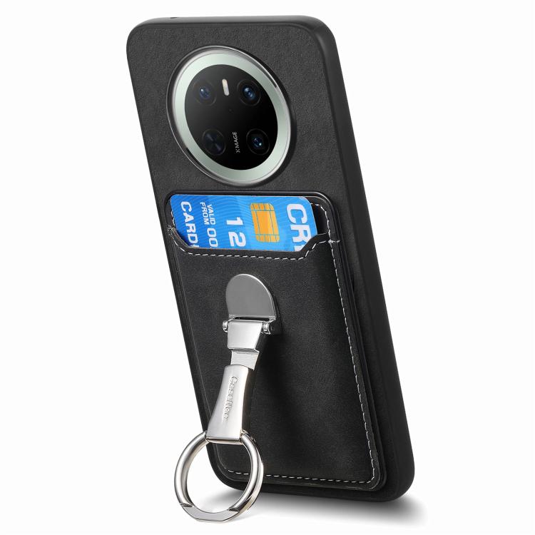 For Huawei Mate 70 Pro Retro Folding Ring Holder Card Bag MagSafe Phone Case(Black)