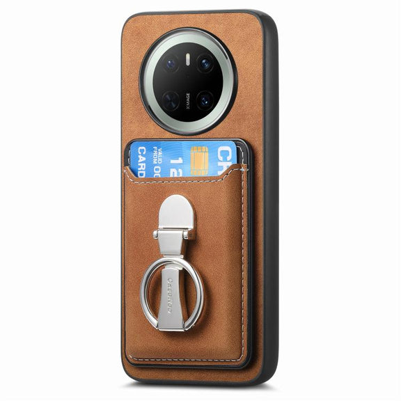 For Huawei Mate 70 Pro Retro Folding Ring Holder Card Bag MagSafe Phone Case(Brown)