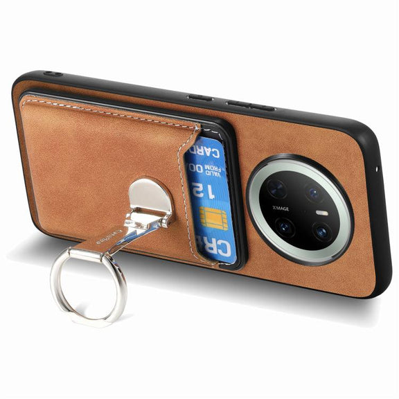 For Huawei Mate 70 Pro Retro Folding Ring Holder Card Bag MagSafe Phone Case(Brown)